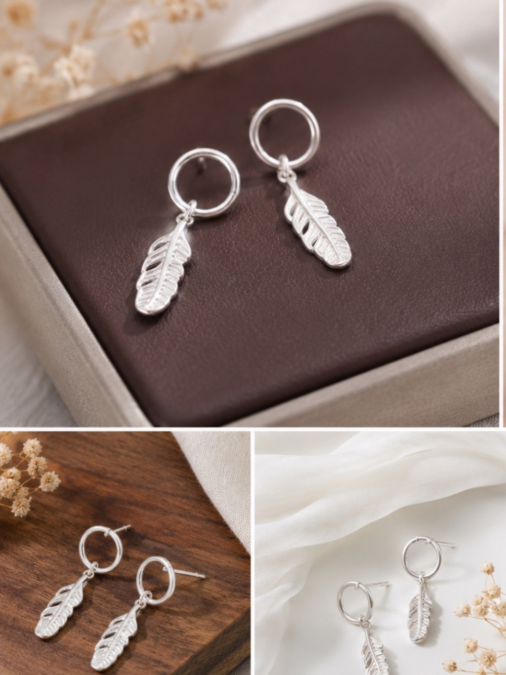 925 Sterling Silver Feather Dangle Earrings Minimalist Boho Earrings